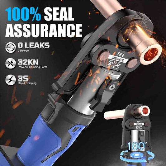 Crimping tool with '100% Seal Assurance' text and specifications on a dark background