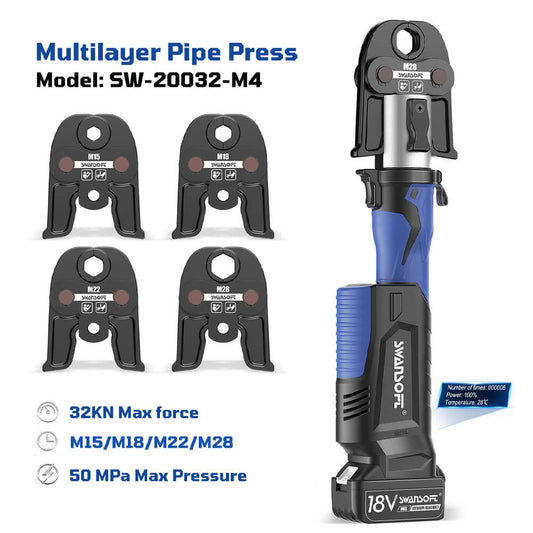 Heavy-Duty Hydraulic Pipe Press Tool, 32KN Battery Pipe Crimping Tool, V/M Contour Type|SW-20032-V4