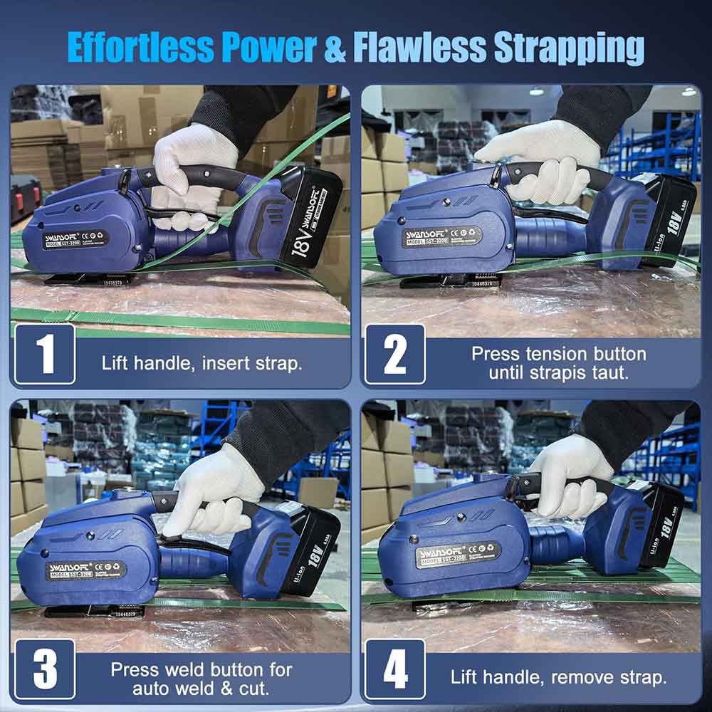 Step-by-step guide on using a strapping tool with text 'Effortless Power & Flawless Strapping'.
