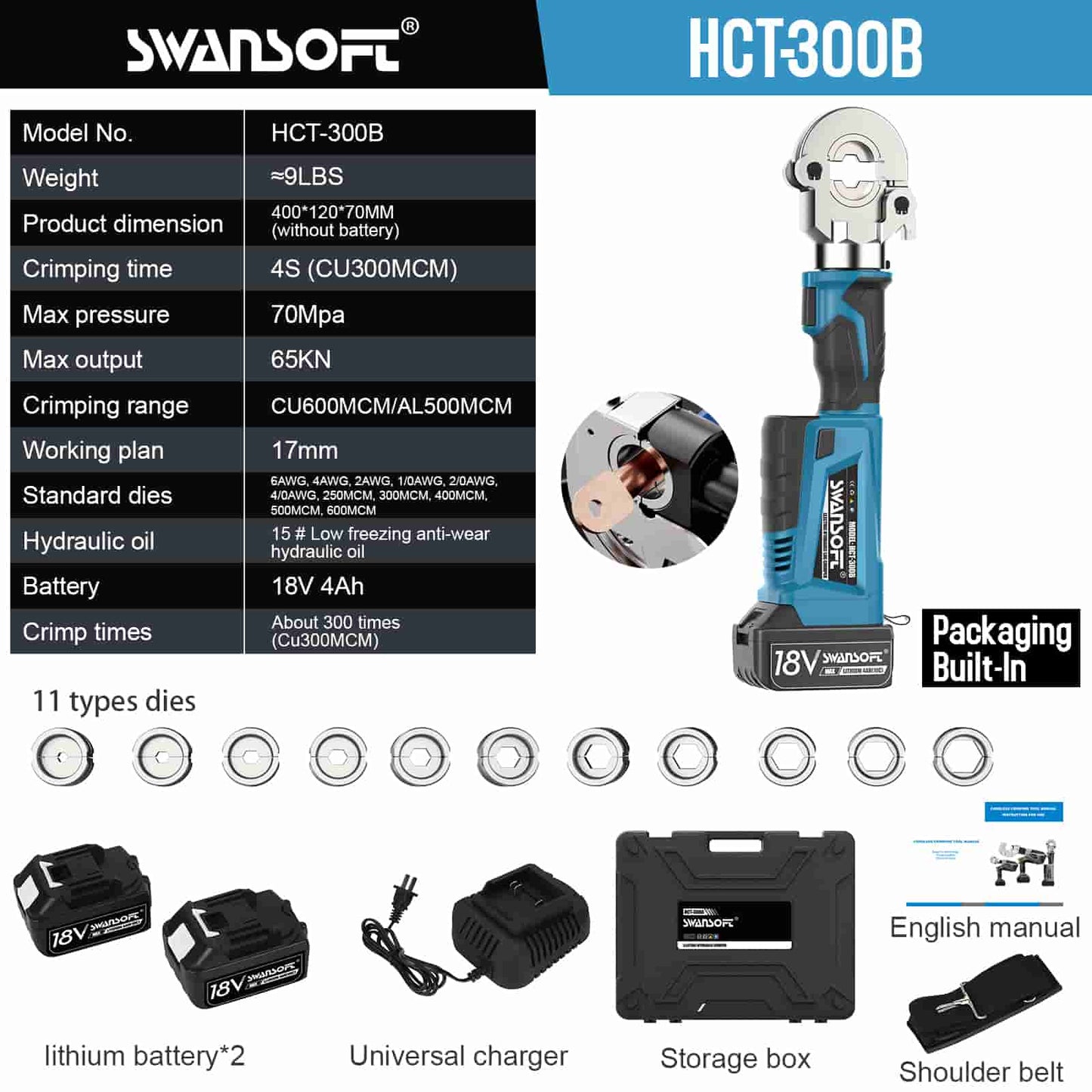 Electric Hydraulic Wire Crimping Tools with 11 Standard Dies, Battery Cable Lug Crimper Tool Kit (300B)