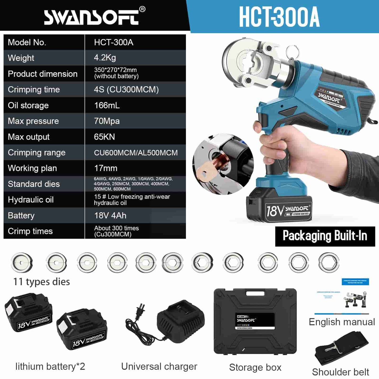 Hydraulic Battery Terminal Crimper, Cable Lug Crimping Tool Kit (300A)