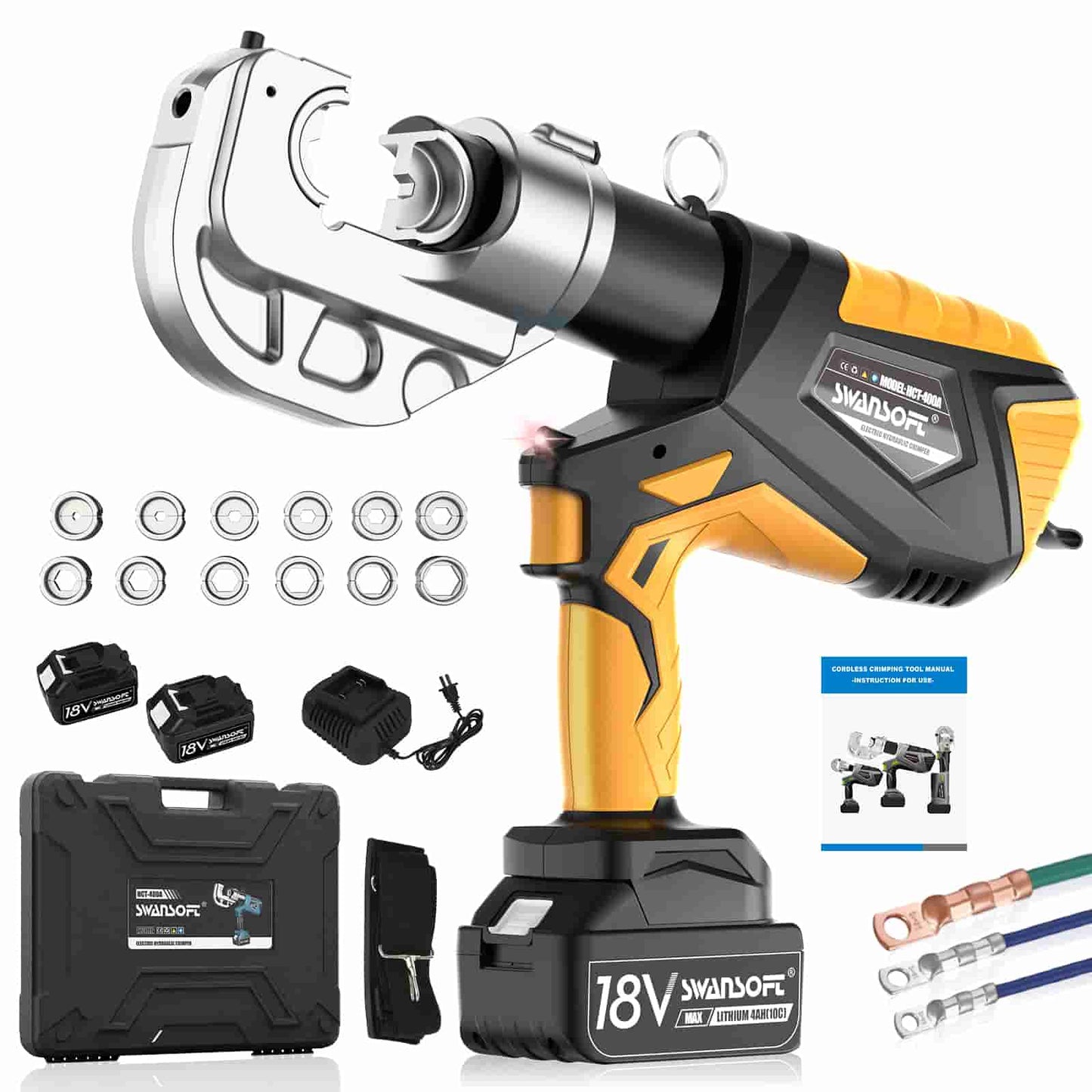SWANSOFT Electric Hydraulic Crimping Tool, 12Ton 6AWG-800MCM Rechargeable Hydraulic Crimper for Cu/Al Terminal(HCT-400A)