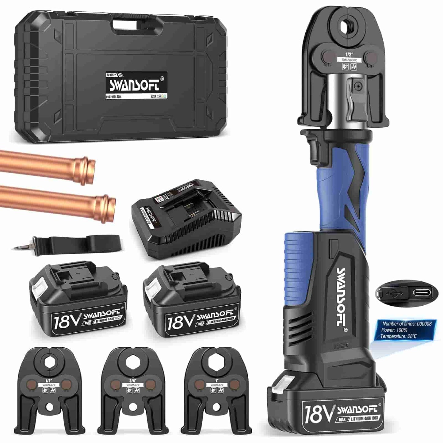 SWANSOF Propress Tool For Copper Pipe with 22KN 18V 4Ah，Electric Hydraulic Copper Pipe Crimping Tool with 3 US Standard Jaws 1/2",3/4'', 1" Pro Press Copper Crimper Tool Kit