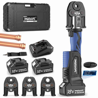 SWANSOF Propress Tool For Copper Pipe with 22KN 18V 4Ah，Electric Hydraulic Copper Pipe Crimping Tool with 3 US Standard Jaws 1/2",3/4'', 1" Pro Press Copper Crimper Tool Kit