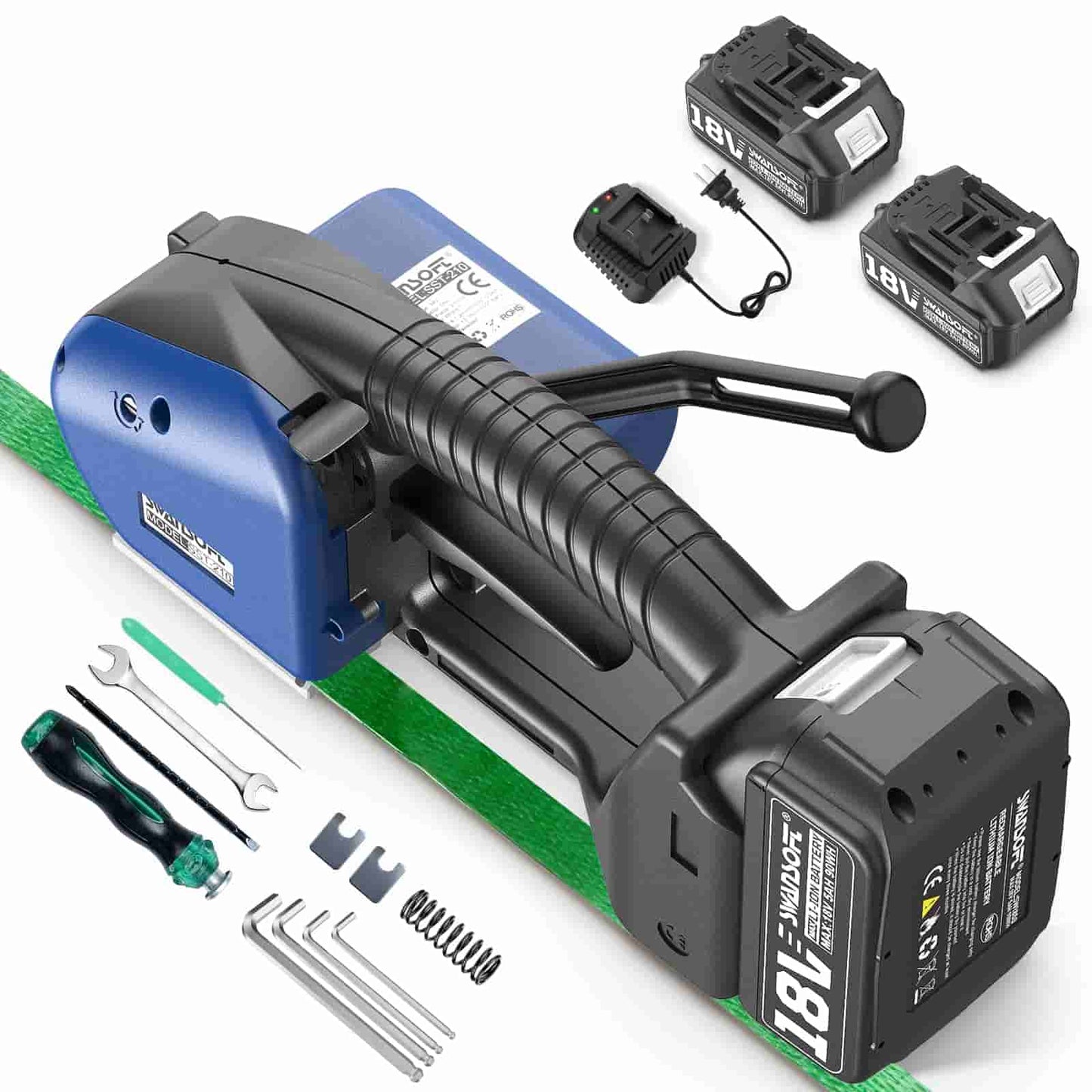 SWANSOFT Electric Strapping Machine for Width 0.51" - 0.63" PP PET Straps, 2 x 5000mAh Battery Automatic Strapping Tool, Handheld Semi-Automatic Banding Tools for Packaging Box Pallet
