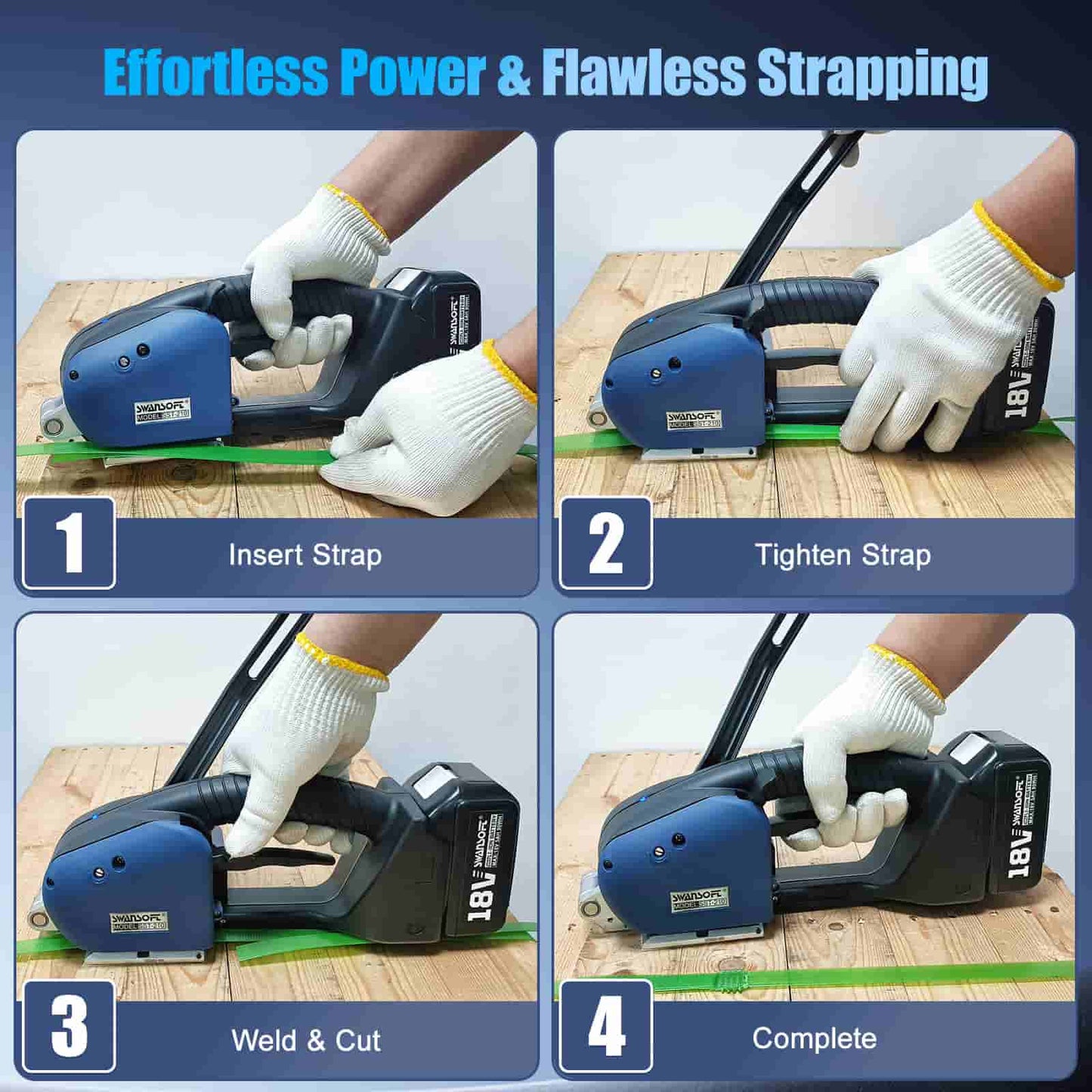 SWANSOFT Electric Strapping Machine for Width 0.51" - 0.63" PP PET Straps, 2 x 5000mAh Battery Automatic Strapping Tool, Handheld Semi-Automatic Banding Tools for Packaging Box Pallet
