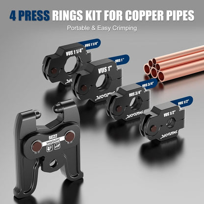 SWANSOFT SC22 Copper Press Rings Kit with 4Pcs Press Rings 1/2" To 1-1/4", 1Pcs SC22 Rotating 180° Adaptors Compatible with 22-24kN Compact Propress Tools with Case