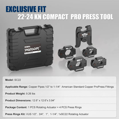 SWANSOFT SC22 Copper Press Rings Kit with 4Pcs Press Rings 1/2" To 1-1/4", 1Pcs SC22 Rotating 180° Adaptors Compatible with 22-24kN Compact Propress Tools with Case