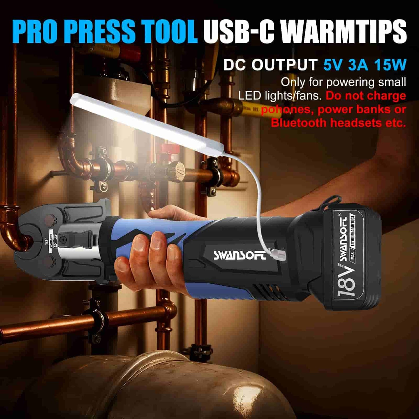 SWANSOF Propress Tool For Copper Pipe with 22KN 18V 4Ah，Electric Hydraulic Copper Pipe Crimping Tool with 3 US Standard Jaws 1/2",3/4'', 1" Pro Press Copper Crimper Tool Kit