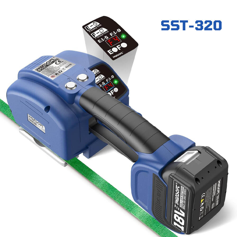Blue power tool with digital display and battery pack on a white background