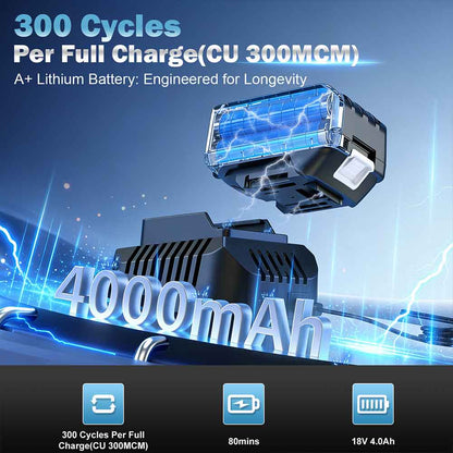 Battery pack with charging details on a blue background