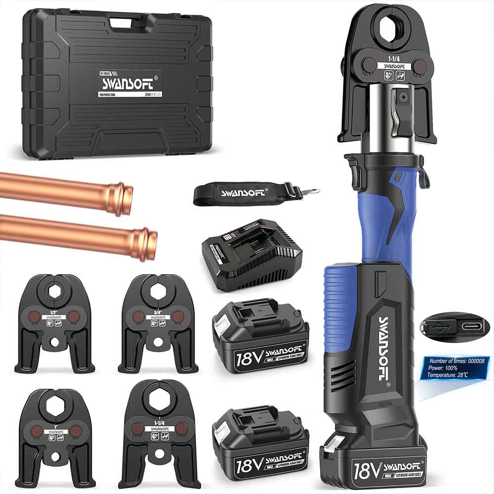 Propress Tool, Copper Pipe Crimping Tool with 18V 4Ah Battery Pro Press Copper Crimper Tool with 4 US Standard Jaws 1/2", 3/4'', 1", 1-1/4", Electric Hydraulic Plumbing Crimping Tool