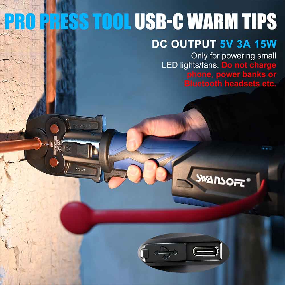Swanson press tool with USB-C warm tips and power output details.