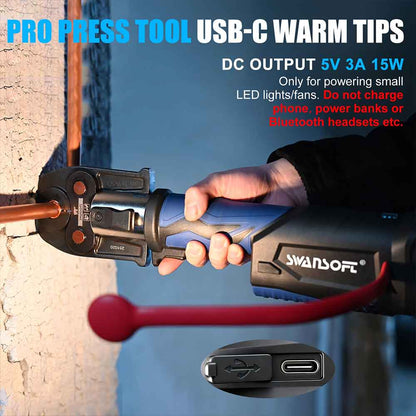 Swanson press tool with USB-C warm tips and power output details.