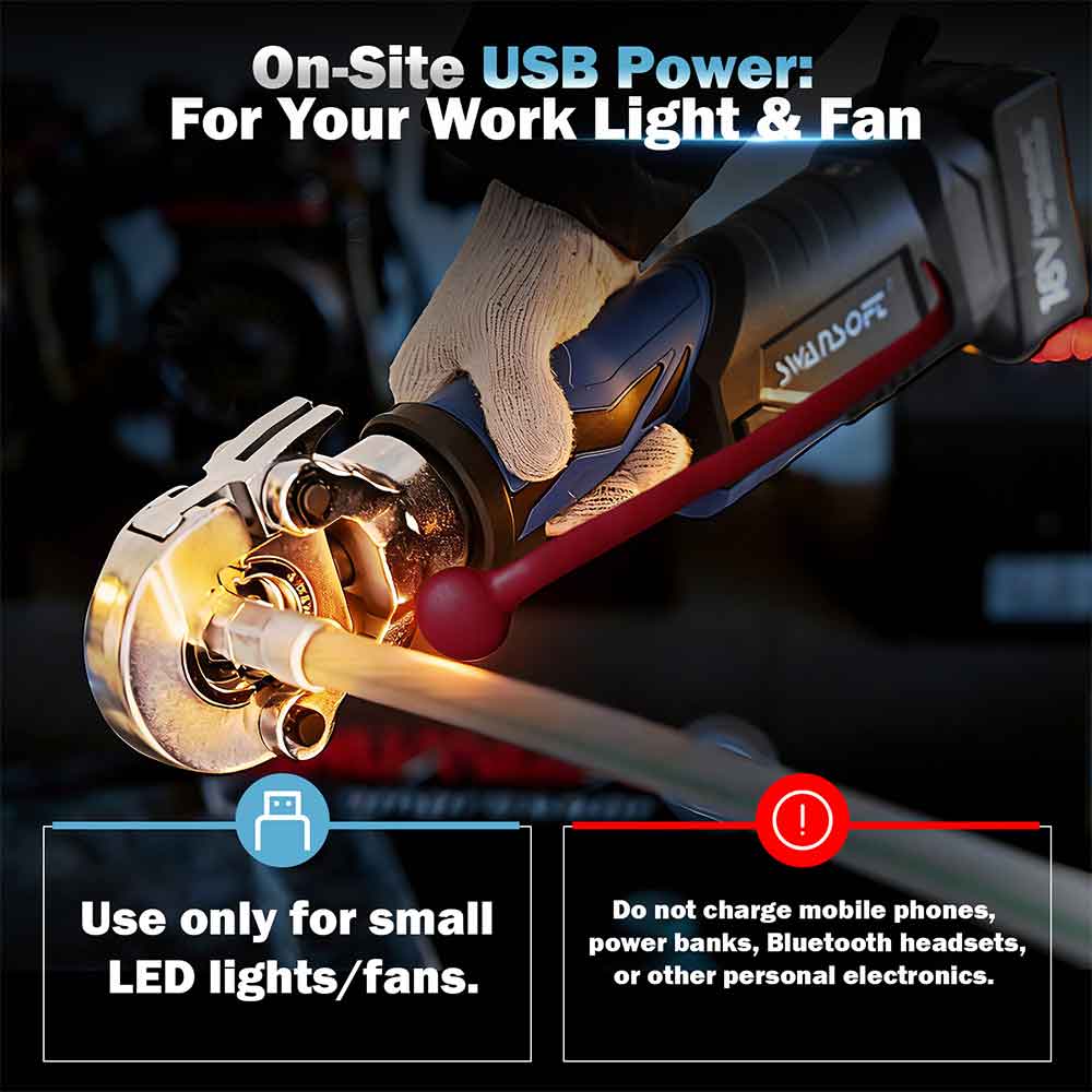 Person using a tool with on-site USB power for work light and fan, with safety instructions displayed.