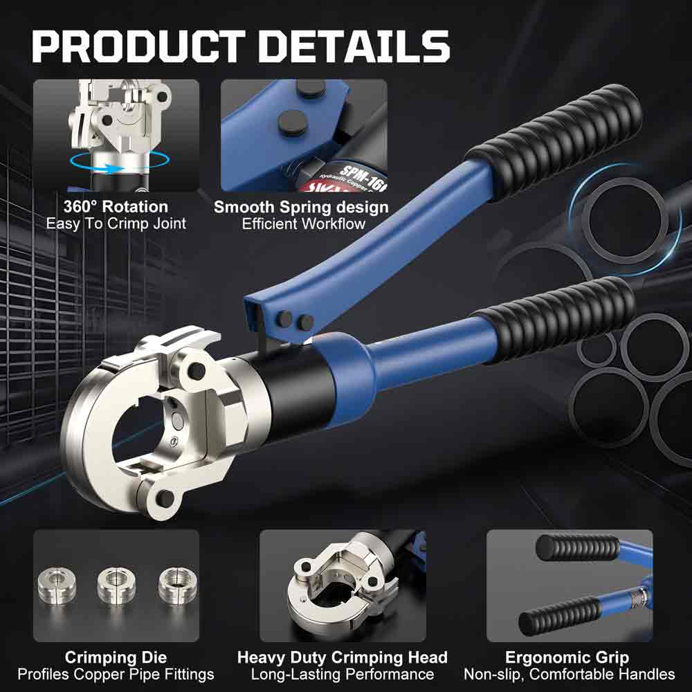 Crimping tool with features highlighted on a dark background