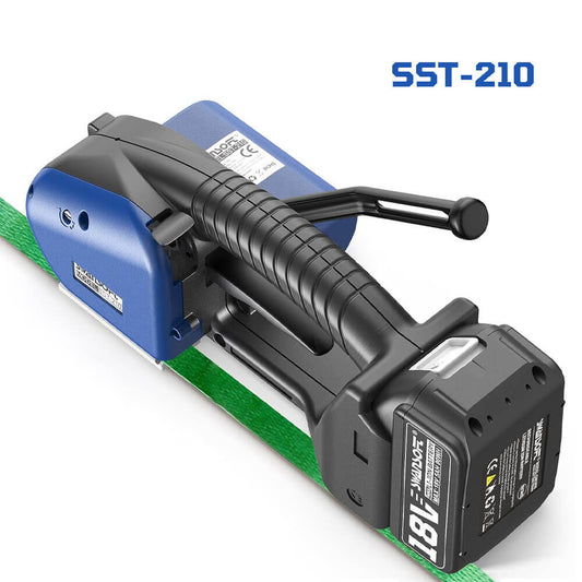 Blue and black power tool with 'SST-210' branding on a white background