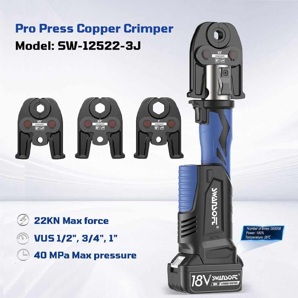 Swanof Pro Press Copper Crimper with interchangeable dies on a light gray background