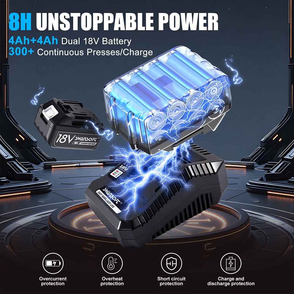Battery and charger with '8H Unstoppable Power' text and battery specifications on a dark background.