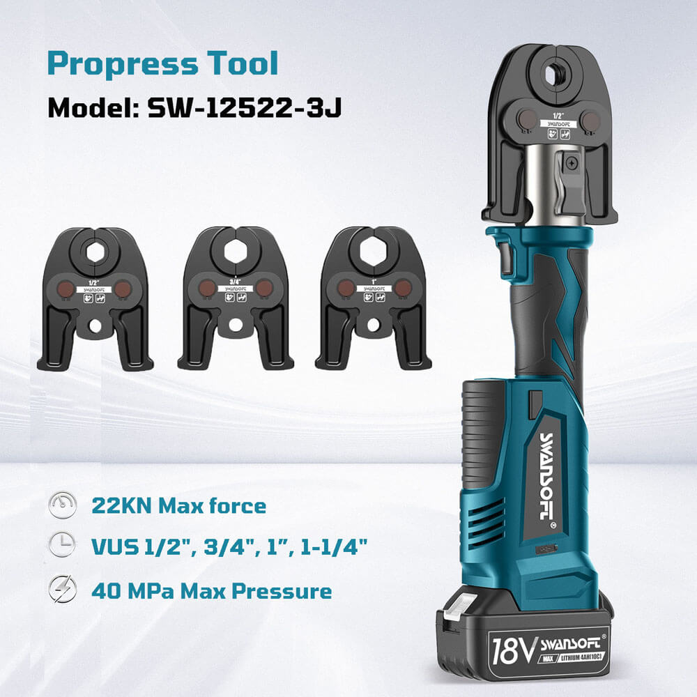 Outil de sertissage pour tuyaux de cuivre Propress avec 22KN, sertisseuse électrique hydraulique pour tuyaux de cuivre avec 3 mâchoires standard US 1/2", 3/4", 1" |SP-12522