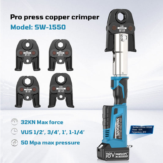 Pro Press Tool, 18V Hydraulic Copper Crimping Tool Electric 32KN for 1/2" to 1-1/4" Copper Pipes crimper, Press Tool Kit with 4 Jaws 1550
