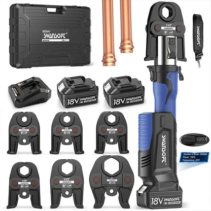 Pro Press Tool for Copper Pipes, 32kN Propress Tool Kit with 6 US Standard Jaws 1/2", 3/4'', 1", 1-1/4", 1-1/2", 2", 18V Brushless Motor Electric Pipe Crimping Tool