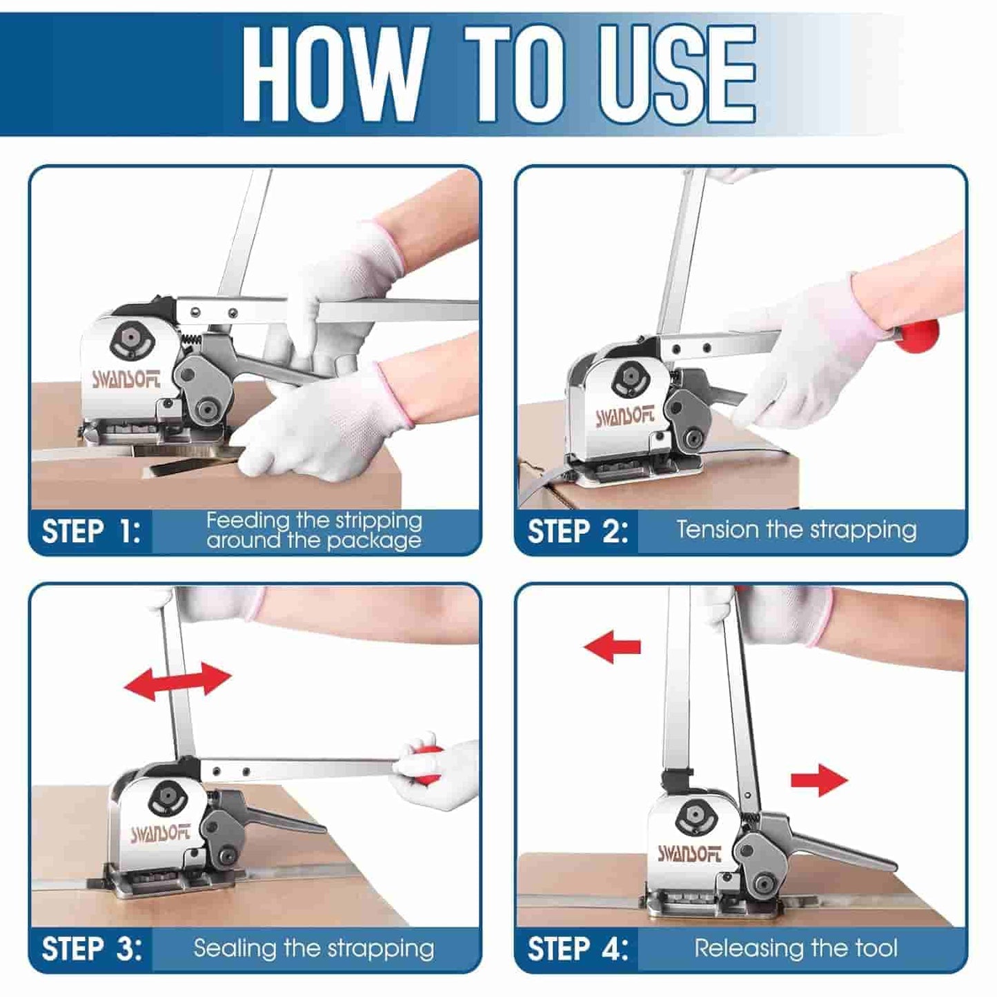 Step-by-step guide on how to use a strapping tool with labeled steps.