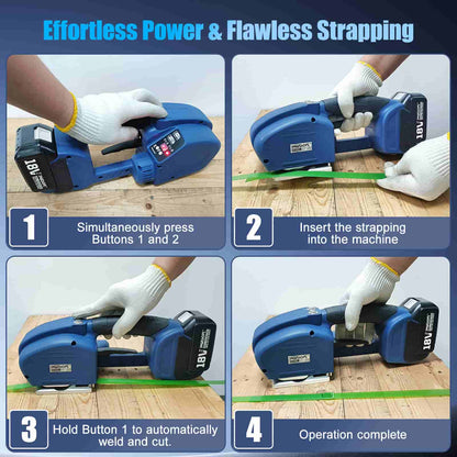 Step-by-step guide on using a strapping machine with text 'Effortless Power & Flawless Strapping'.