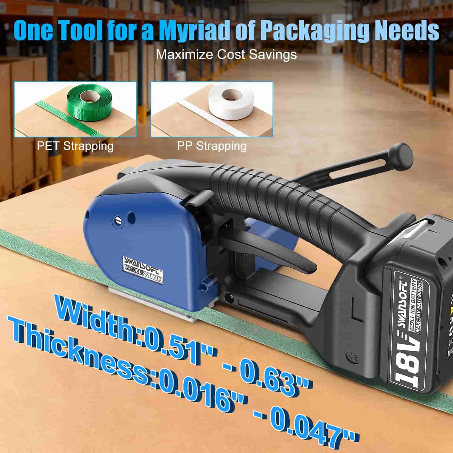 Strapping tool with PET and PP strapping on a warehouse floor, highlighting cost savings.