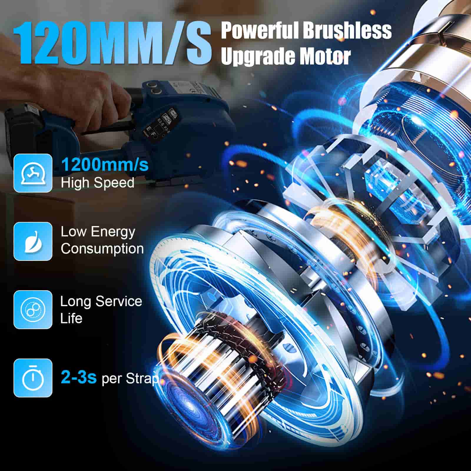 Motor with high-speed, low-energy consumption, long service life features on a dark background