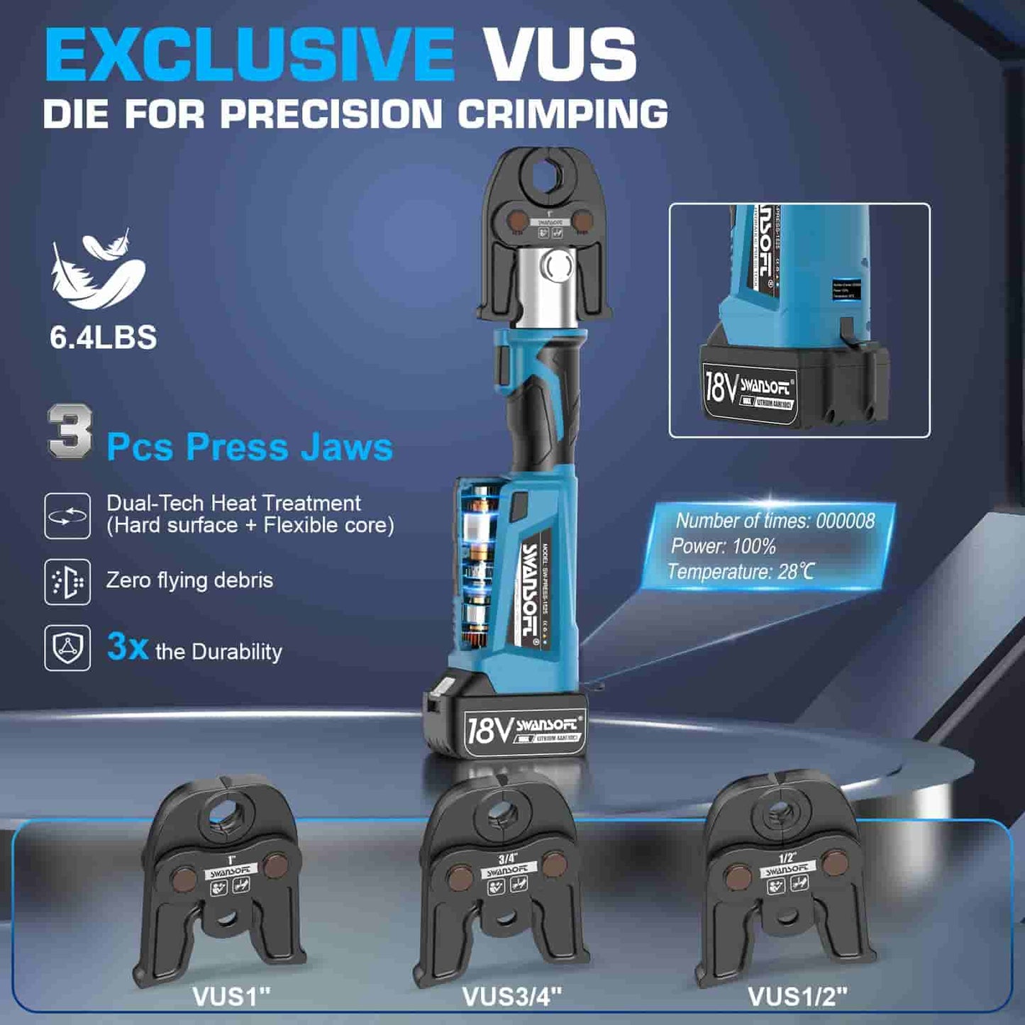 Pro Press Copper Crimper Propress Tool, 18V Electric Hydraulic Copper Crimper Tool for 1/2" to 1" Pipe Crimping, Cordless Press Tool Kit with 3 ProPress Jaws 1525