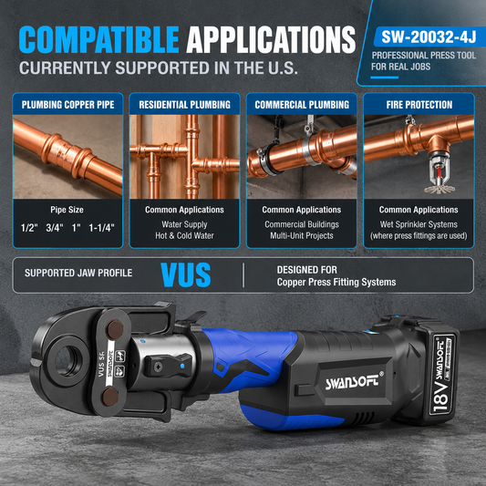 Propress Tool, Copper Pipe Crimping Tool, Pro Press Copper Crimper Tool with US Standard Jaws 1/2", 3/4'', 1", 1-1/4"|SP-20032-4J