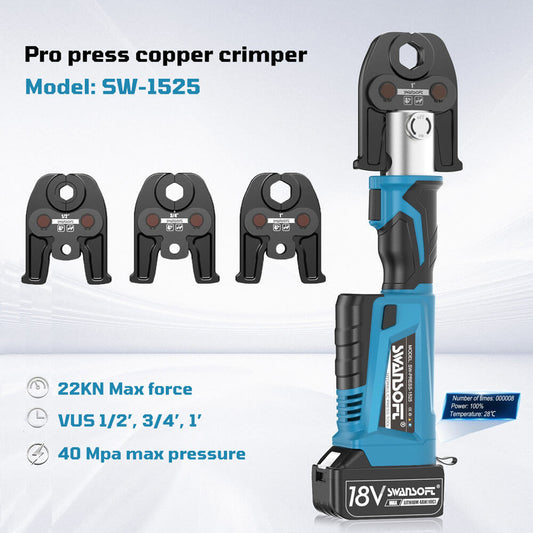 Swanofr pro press copper crimper with three dies on a white background