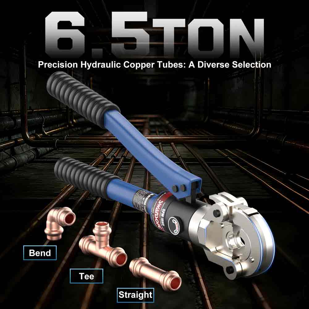 Hydraulic copper tube Bender with '6.5 Ton' capacity on a dark industrial background