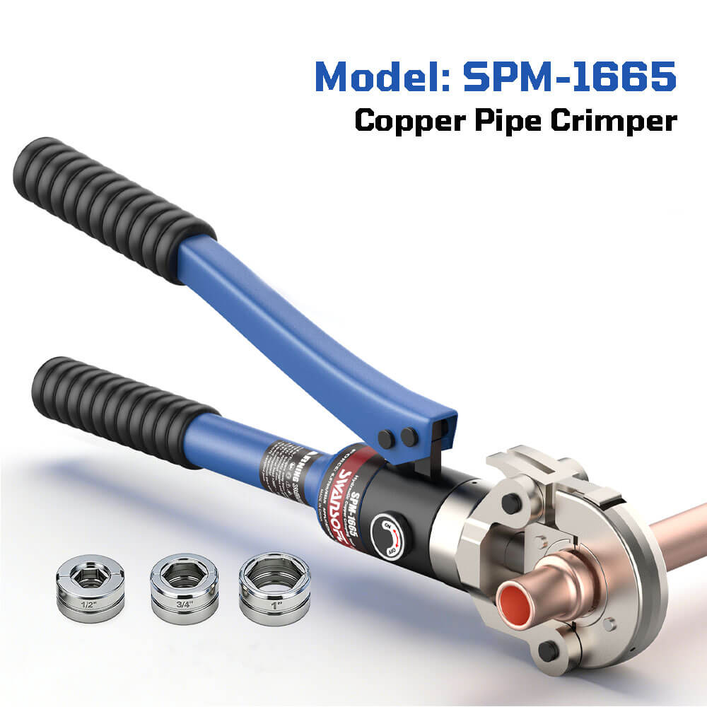 Copper pipe crimper with components on a white background, model SPM-1665.