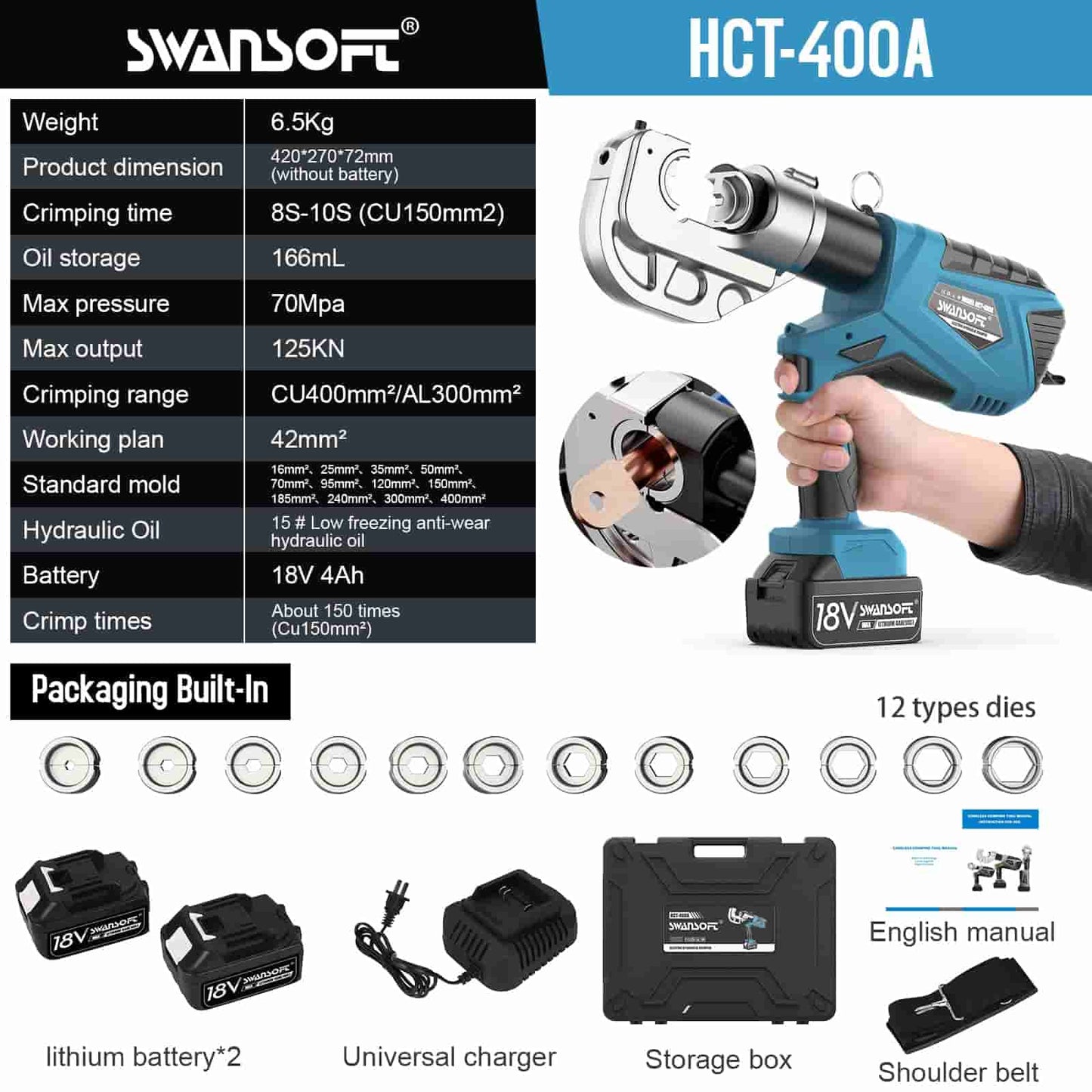 Electric Hydraulic Wire Crimping Tool, 12Ton 6AWG-800MCM, Battery Cable Crimper for Cu/Al Terminal (400A)