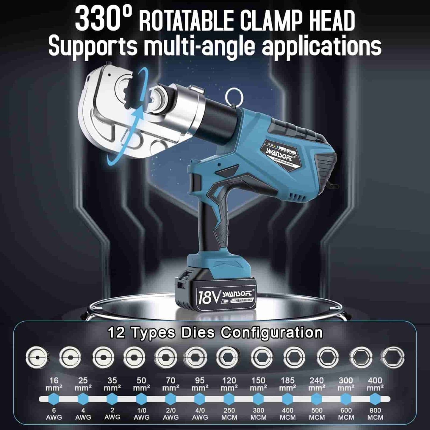 Electric Hydraulic Wire Crimping Tool, 12Ton 6AWG-800MCM, Battery Cable Crimper for Cu/Al Terminal (400A)