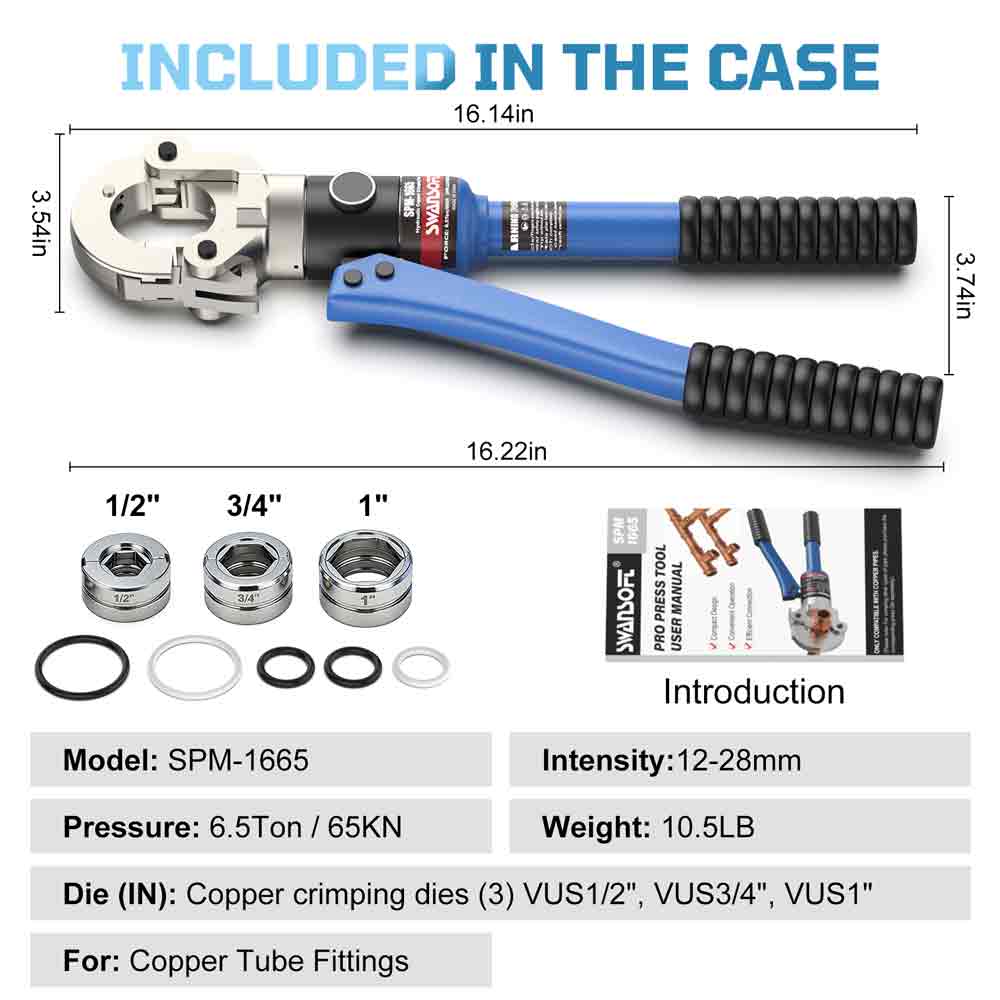 Copper crimping tool with included dies and manual on a white background