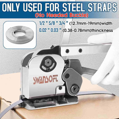 Swanson tool for cutting steel straps with specifications displayed.