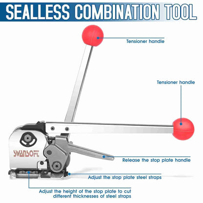 Sealless combination tool with labeled parts on a white background