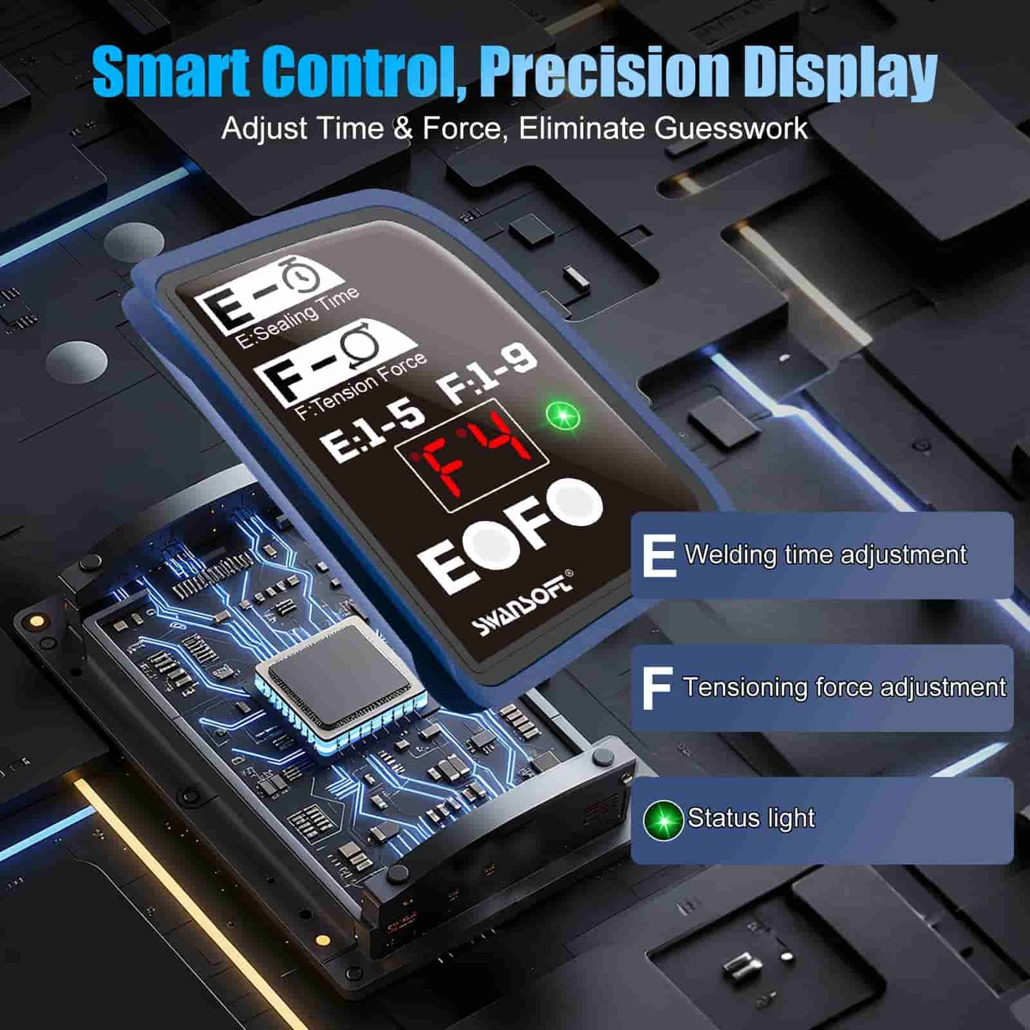 Electronic device with digital display and control buttons on a dark background