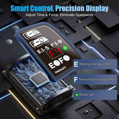 Electronic device with digital display and control buttons on a dark background