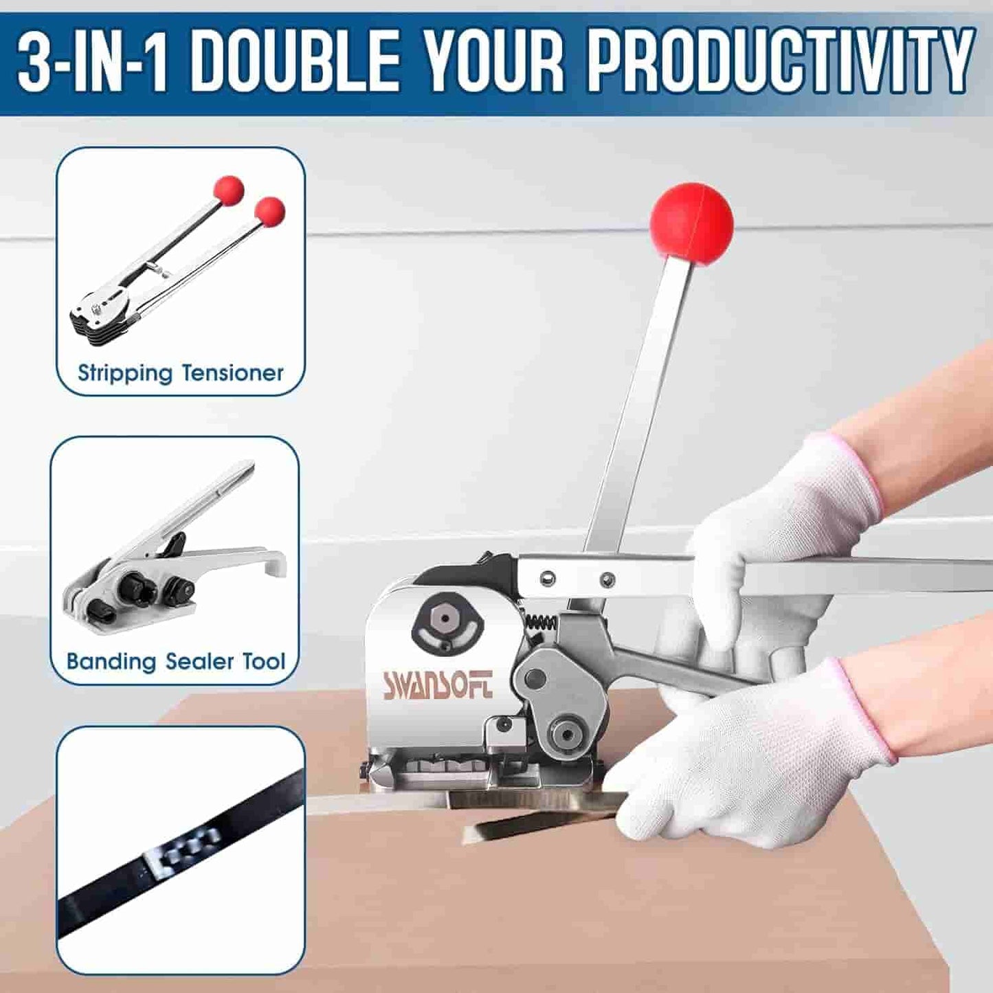 Swanson tool with gloved hands using it on a wooden surface, with text '3-IN-1 DOUBLE YOUR PRODUCTIVITY' at the top.