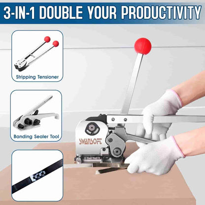 Swanson tool with gloved hands using it on a wooden surface, with text '3-IN-1 DOUBLE YOUR PRODUCTIVITY' at the top.