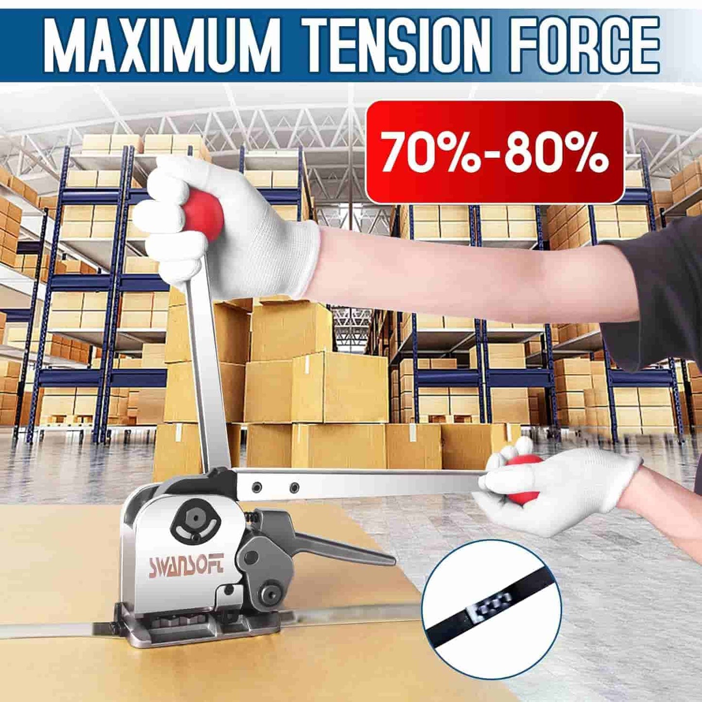 Person using a Swanson tool with text about maximum tension force in a warehouse setting