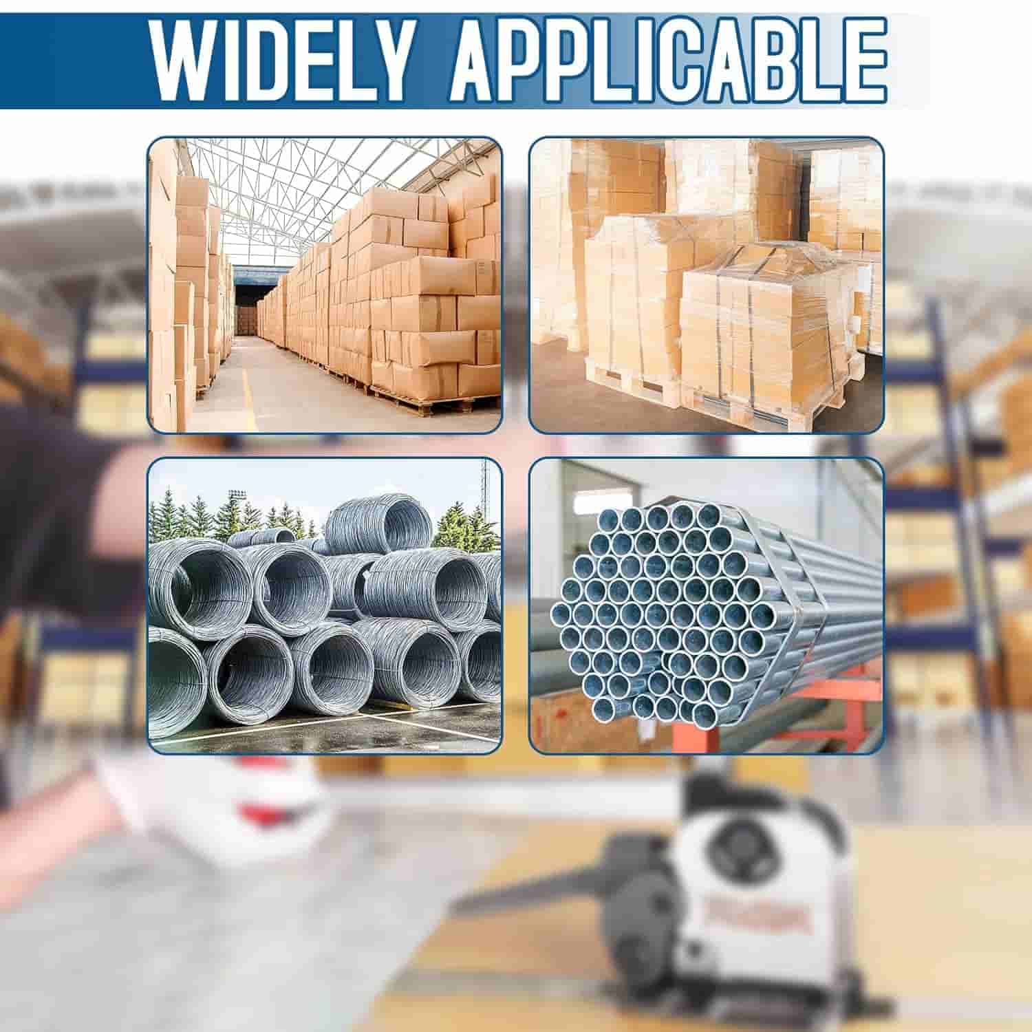 Collage of warehouse scenes with stacked boxes, metal pipes, and a forklift, emphasizing 'widely applicable'.