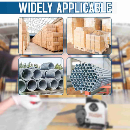 Collage of warehouse scenes with stacked boxes, metal pipes, and a forklift, emphasizing 'widely applicable'.
