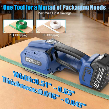 Blue packaging strapping tool with text on cost savings and strapping types in a warehouse setting.