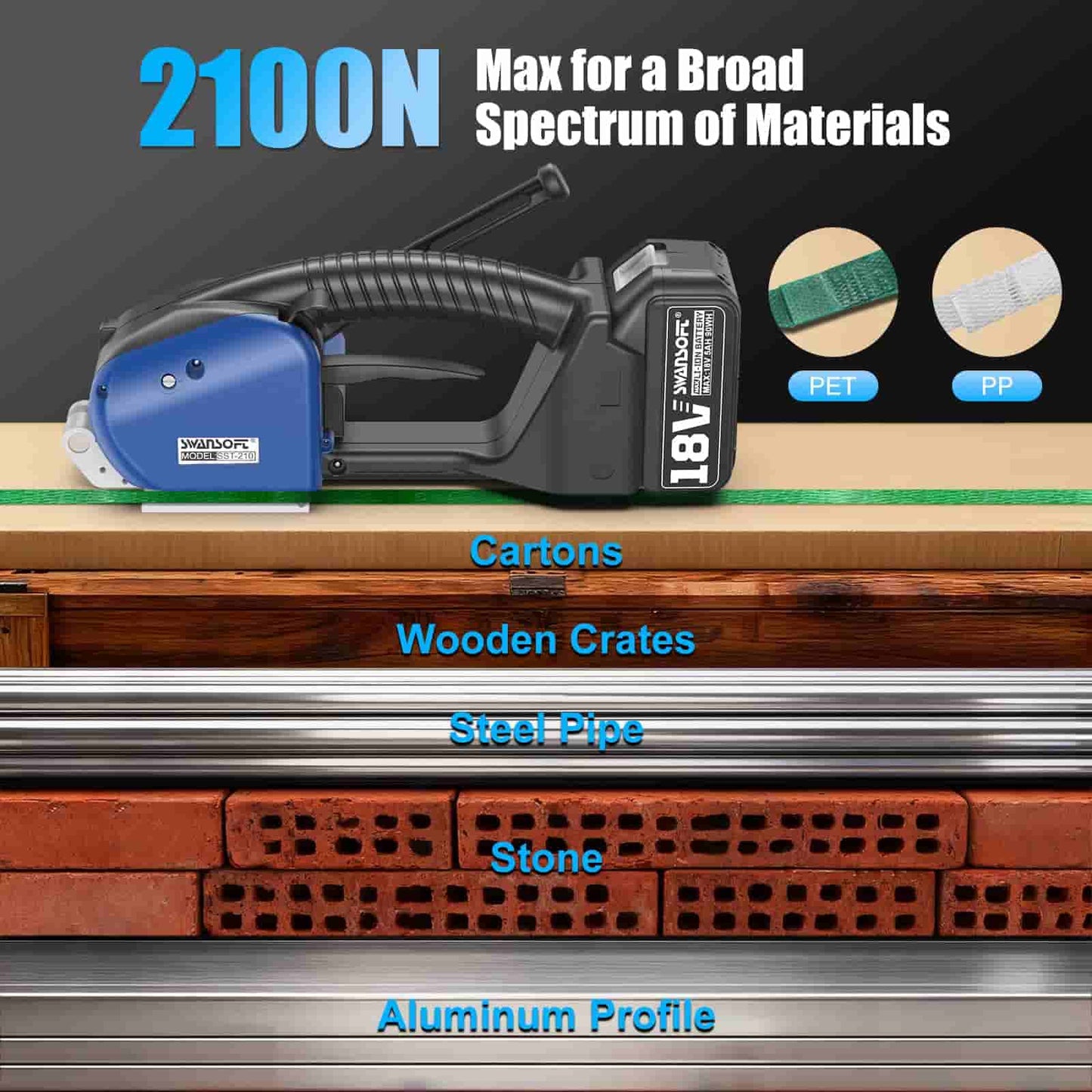Electric nail gun with a capacity of 2100N on a wooden surface with materials it can handle.