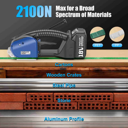 Electric nail gun with a capacity of 2100N on a wooden surface with materials it can handle.